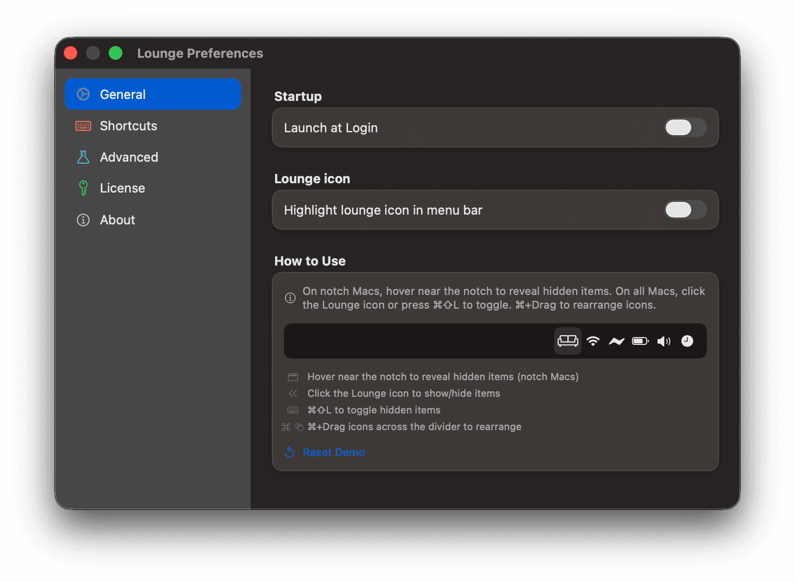 Lounge macOS menu bar manager — Powerful Preferences screenshot