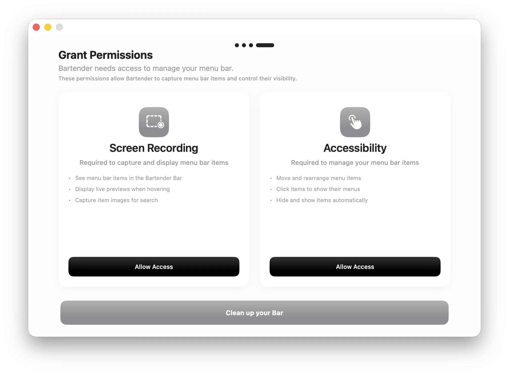 Bartender's onboarding demanding both Screen Recording and Accessibility