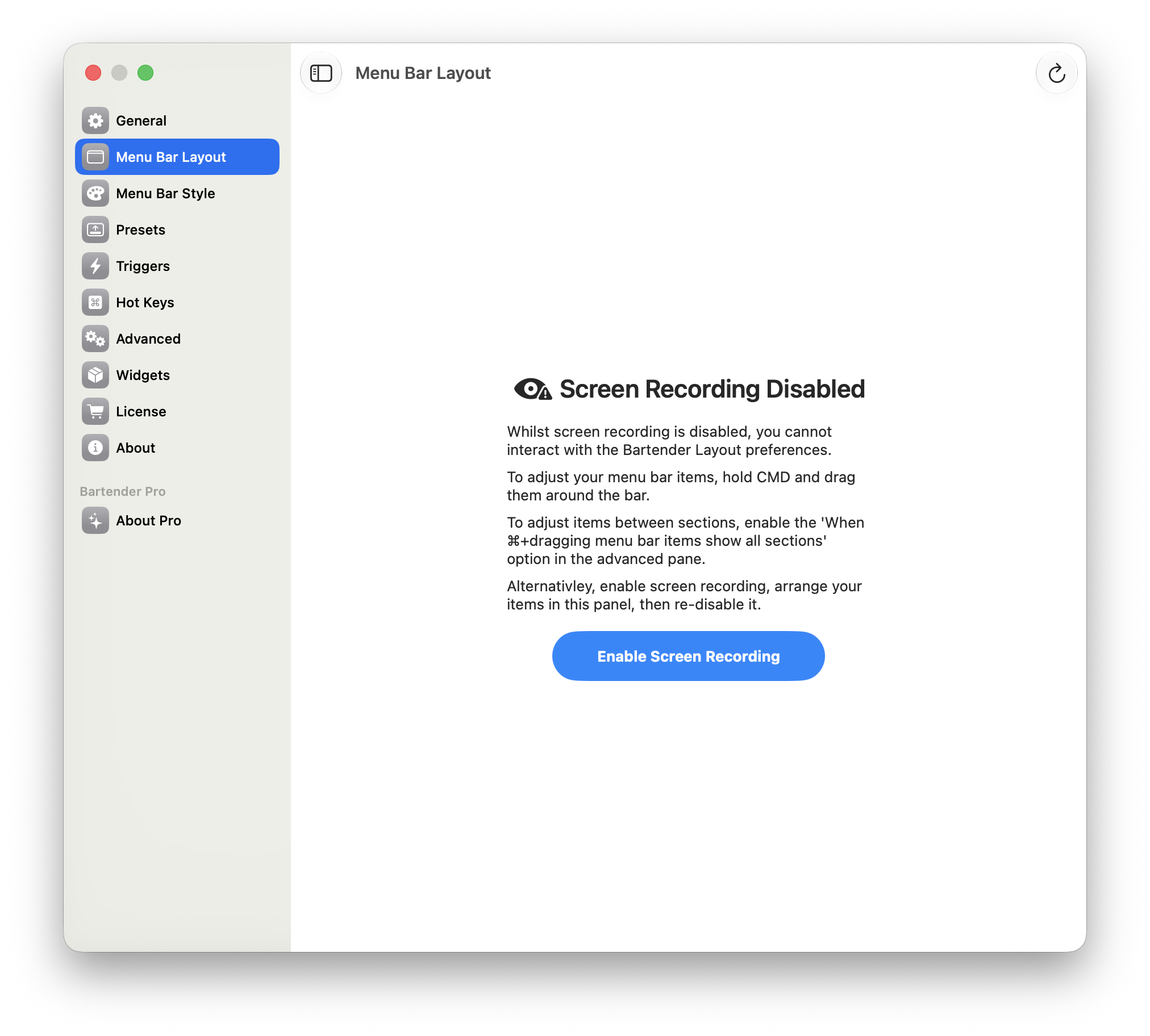 Bartender's Layout editor blocked with a Screen Recording Disabled message